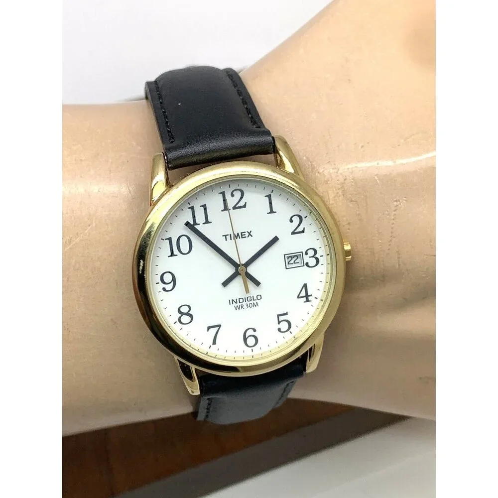 Timex Men's Watch T2H291 Quartz Indiglo Gold White Dial Black Leather Band 35mm